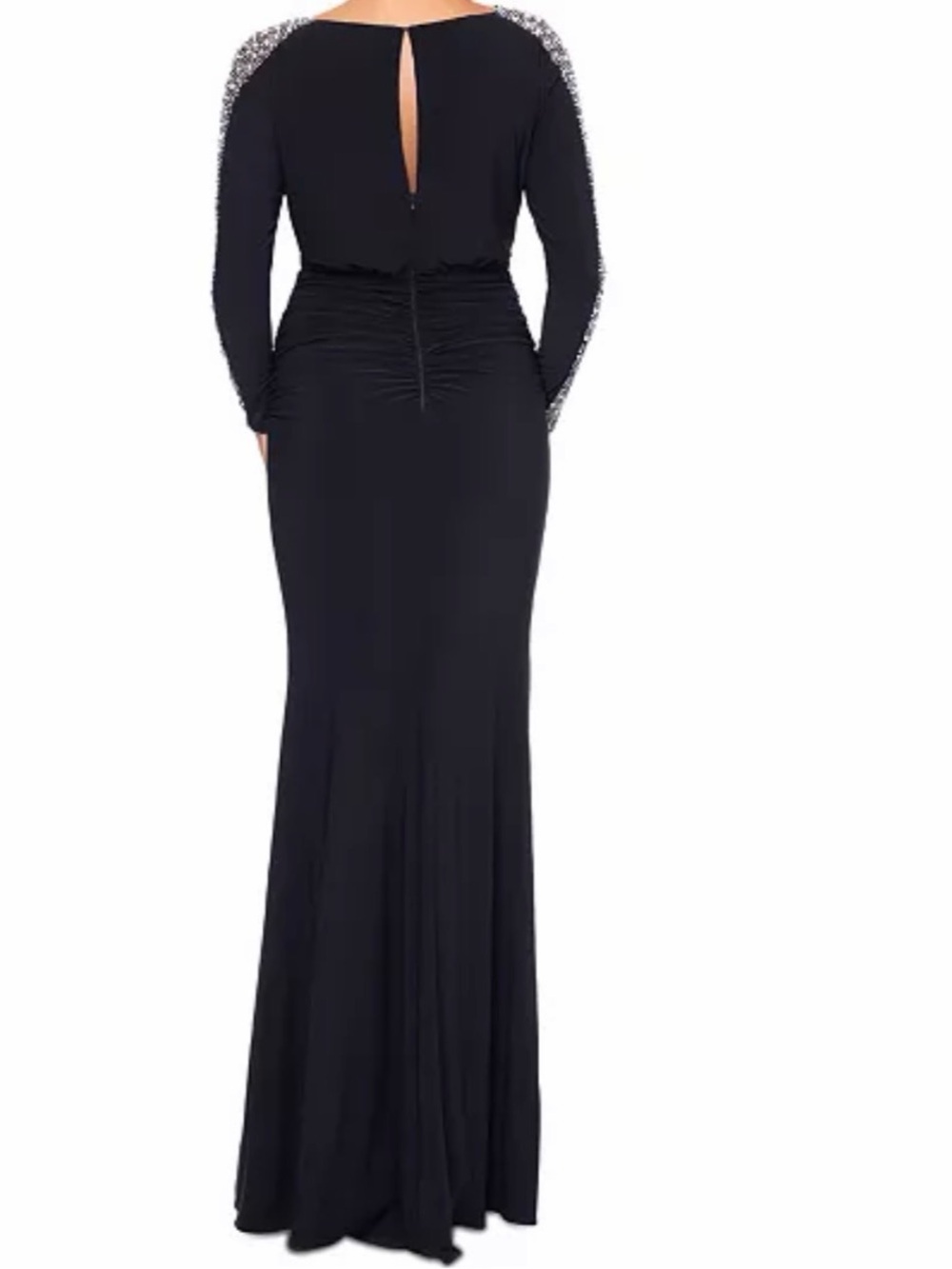 Betsy & Adam Black Long-Sleeve Embellished-Shoulder Evening Gown